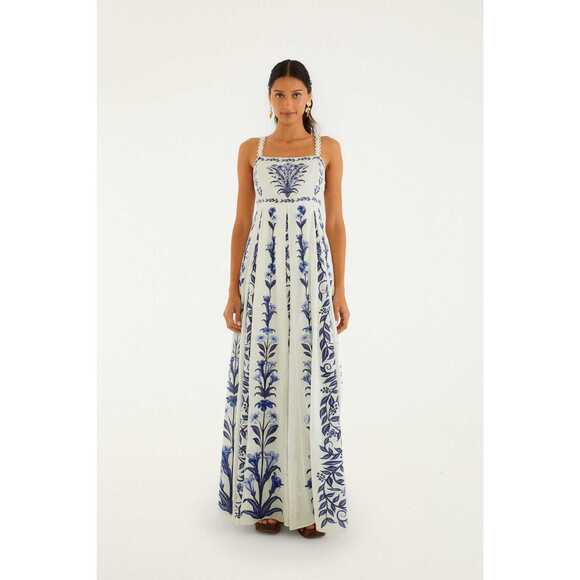 FARM Rio Dresses & Skirts - Farm Rio Off-White Dress with blue Flowers Arch Pleats Maxi Dress